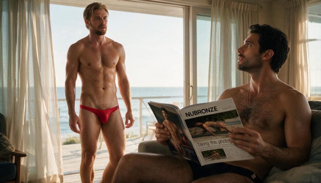 NUBRONZE buy gay erotic magazine — reading on the terrace, Fire Island