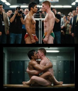 NUBRONZE gay locker room — a nude embrace on the bench