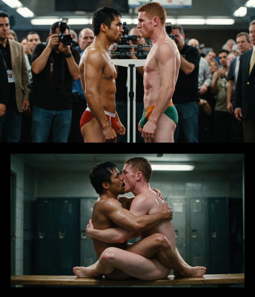 NUBRONZE gay sports rivalry photography — Heated Rivalries, an Irish boxer and a Mexican boxer, embraced