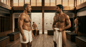 NUBRONZE gay athletes — Aslan and Javier in towels, locker room