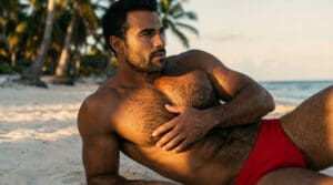 NUBRONZE gay latino — Javier, hairy chest, red Speedo