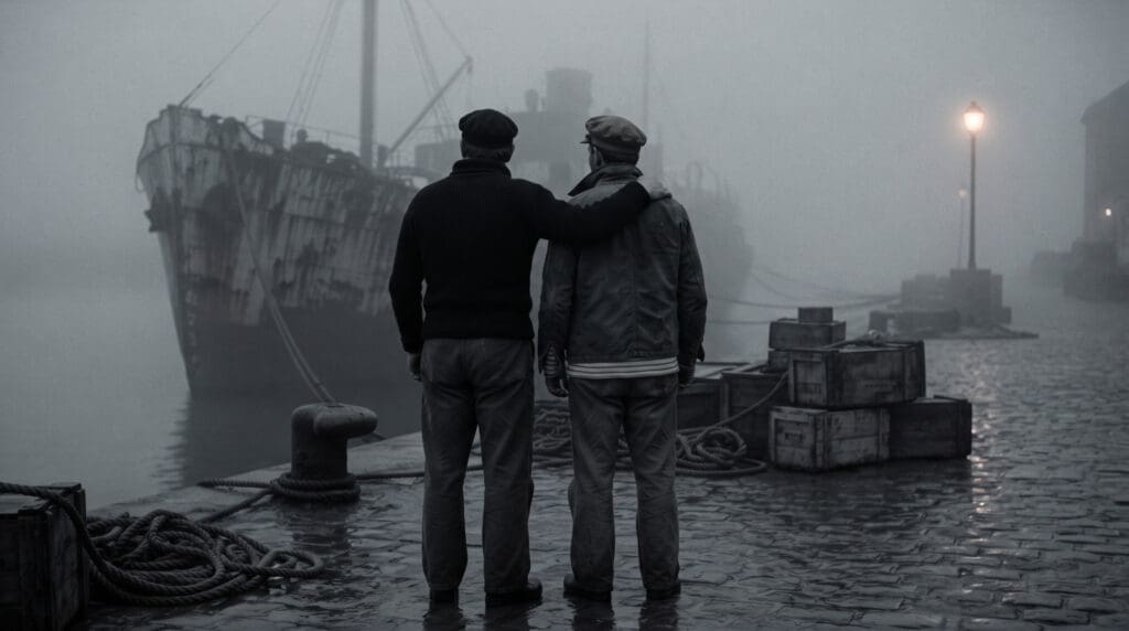 NUBRONZE Jean Genet — two sailors on a foggy French quay, 1940s