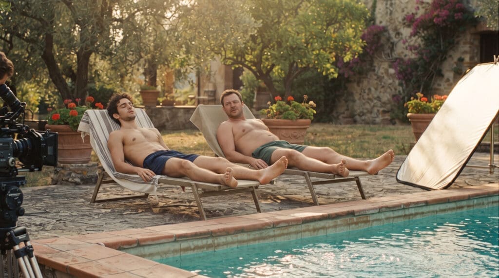 NUBRONZE Luca Guadagnino — two men by an Italian villa pool, a film crew visible