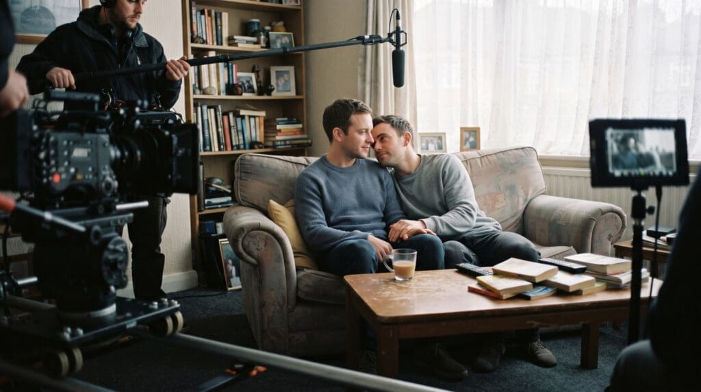 NUBRONZE Andrew Haigh — two men on a sofa in a British flat, a film crew visible
