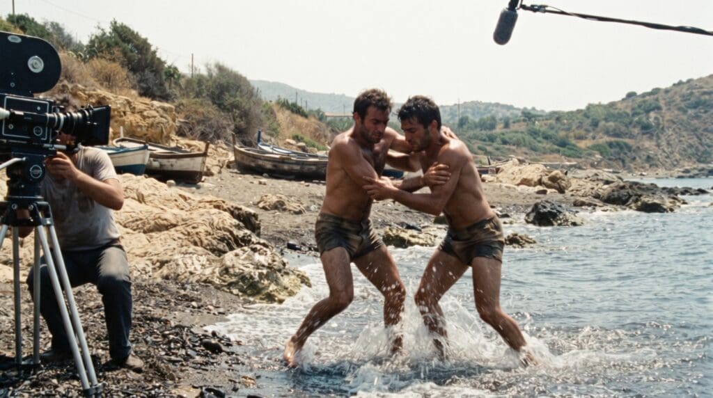 NUBRONZE Pier Paolo Pasolini — two men wrestling on the Italian coastline, a film crew visible