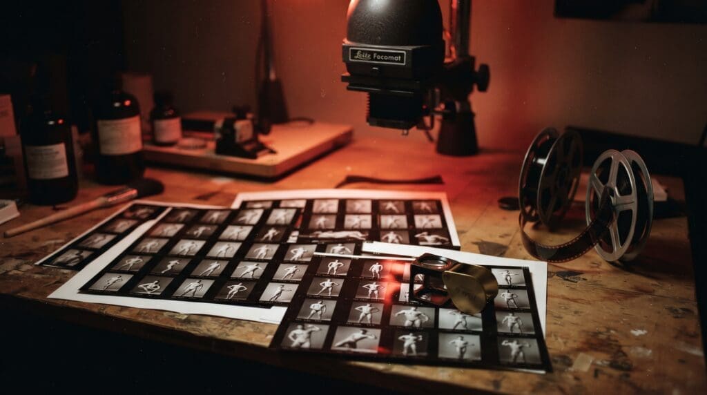 Vintage darkroom scene with contact sheets of male nude photography and 16mm film reels — NUBRONZE's homoerotic art history