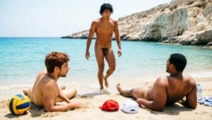 NUBRONZE gay nudist — nude water polo players on a beach