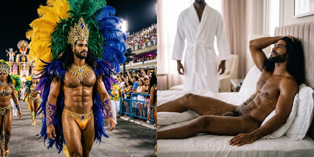 NUBRONZE gay erotic art — Rio Bare Plumes, Copacabana Palace suite