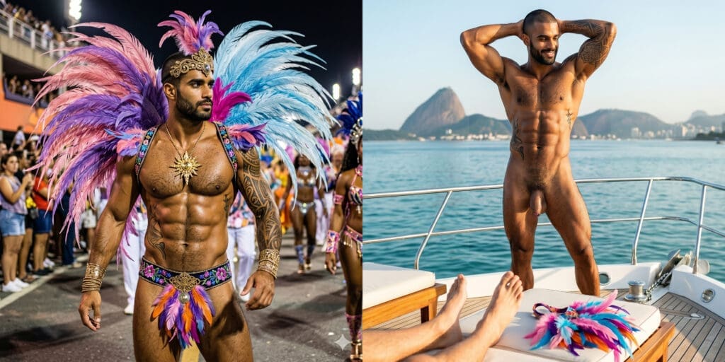 NUBRONZE gay erotic art — Rio Bare Plumes, yacht on Guanabara Bay