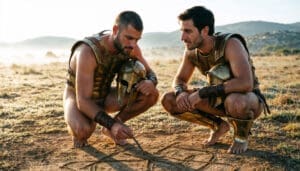 NUBRONZE gay amateur — two Spartans crouched, a look of desire