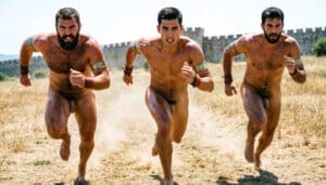 NUBRONZE male nudist — three Spartans sprinting