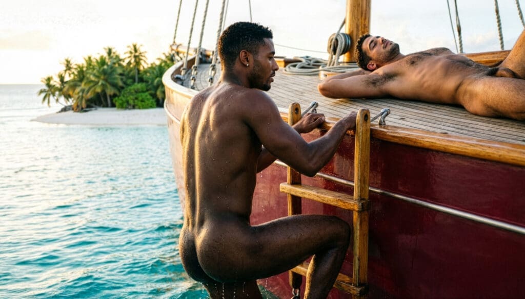NUBRONZE gay castaway photography — Wild Male Encounters, climbing back aboard past a sleeping companion