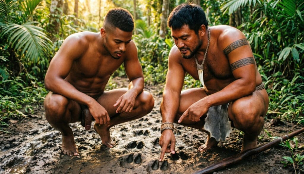 NUBRONZE gay castaway photography — Wild Male Encounters, examining boar tracks on the ground